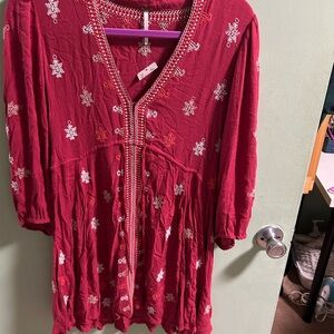 Free People Star Gazer Red Embroidered Boho Peasant Tunic top M NWT